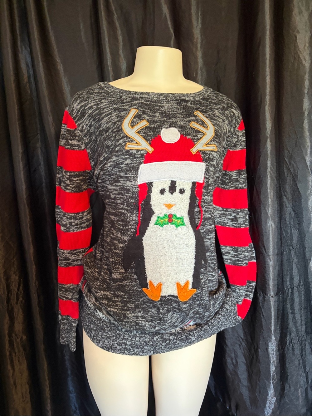Ashley Stewart Gray and Red Penguin Crewneck Holiday Sweater